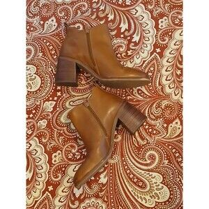 Lucky Brand Brown Leather Ankle Boots, Sz 6M Stacked 3" Heel, Side Zipper